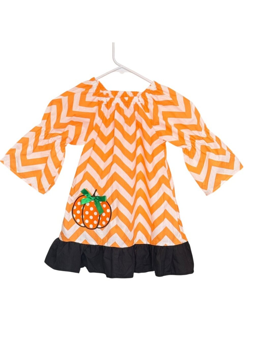 Pumpkin Girls Dress 5 Orange White Chevron Cotton Black Ruffle Halloween New